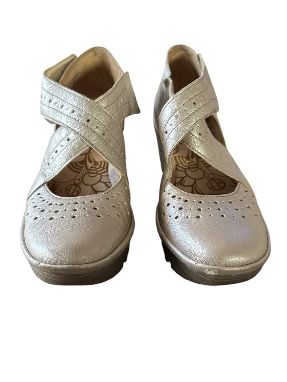 FLY London Yepe Metallic Champagne Wedge Crisscross Mary Jane Shoes Size EU 38